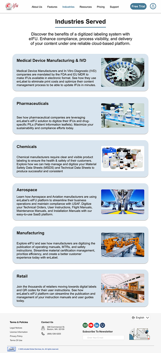 eIFU industries page — desktop layout with industry categories and responsive structure