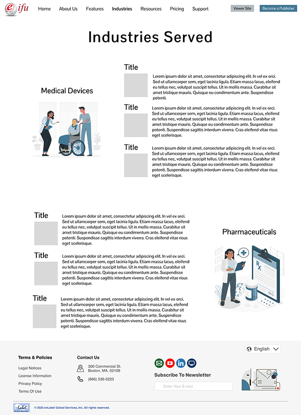 eIFU industries page wireframe or layout