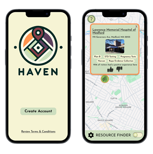 Haven mobile app screens showing map interface and incident reporting
