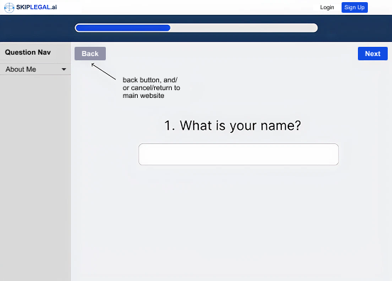 SkipLegal questionnaire wireframes — one question at a time