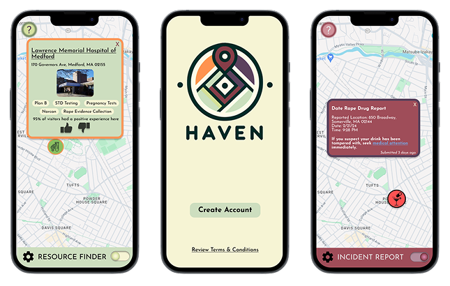 Haven mobile app screens showing map interface and incident reporting