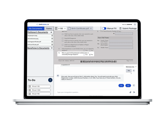 SkipLegal laptop interface showing AI-assisted form filling